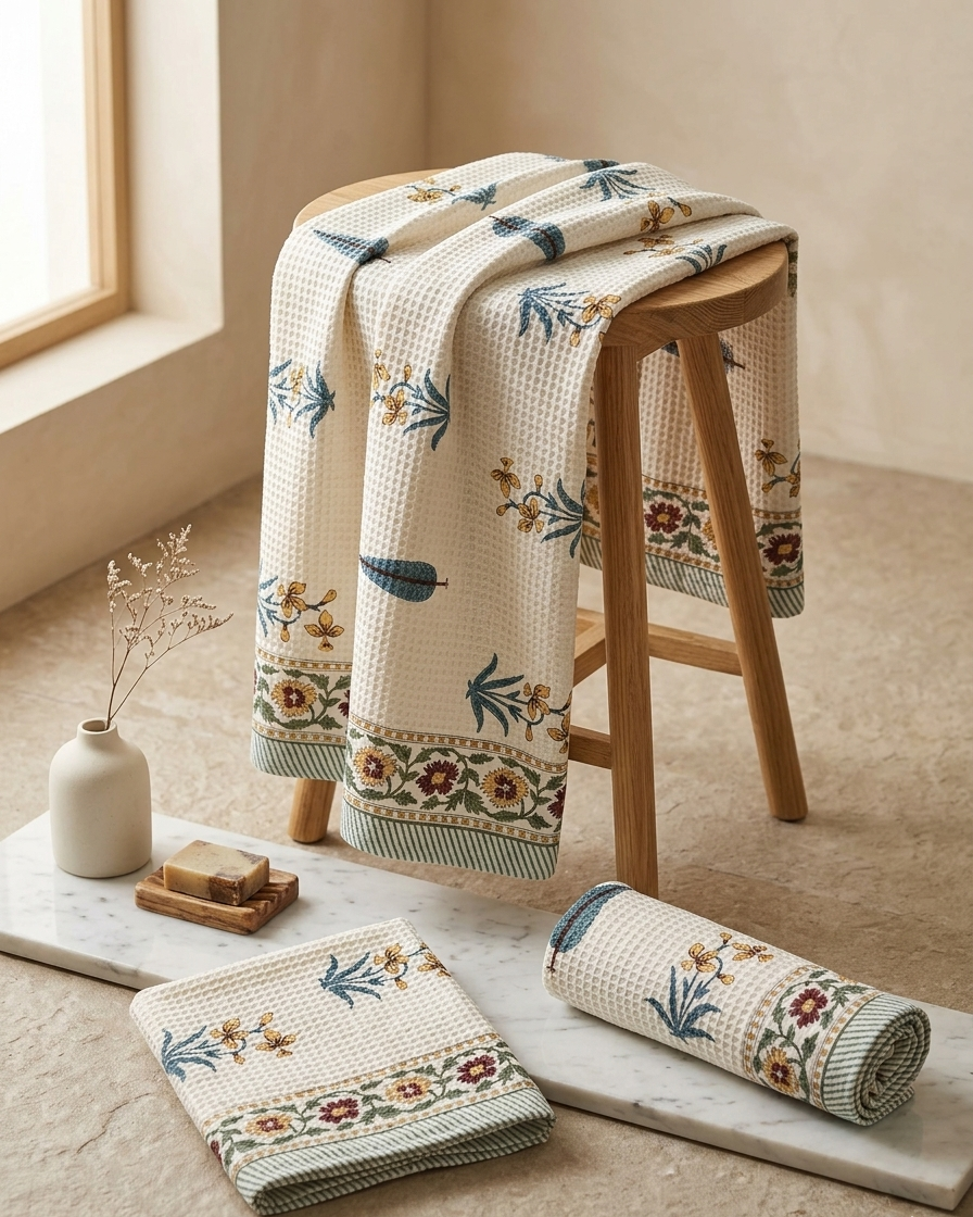 100% COTTON FLORAL WAFFLE TOWEL -  (SET OF 2 SMALL (20 X 30 INCHES) & 1 BIG (60 X 30 INCHES) - 101