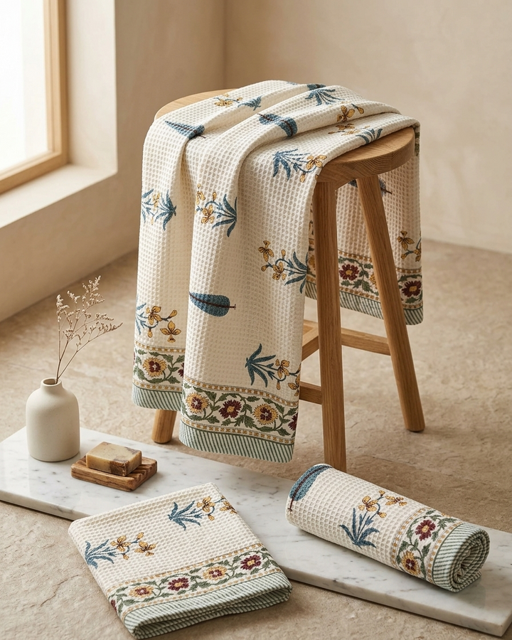 100% COTTON FLORAL WAFFLE TOWEL -  (SET OF 2 SMALL (20 X 30 INCHES) & 1 BIG (60 X 30 INCHES) - 101