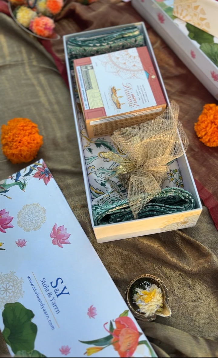 Diwali Hamper - Table Runner (13 x 54 inches) , Brass Diya, Phool Incense Cone-156