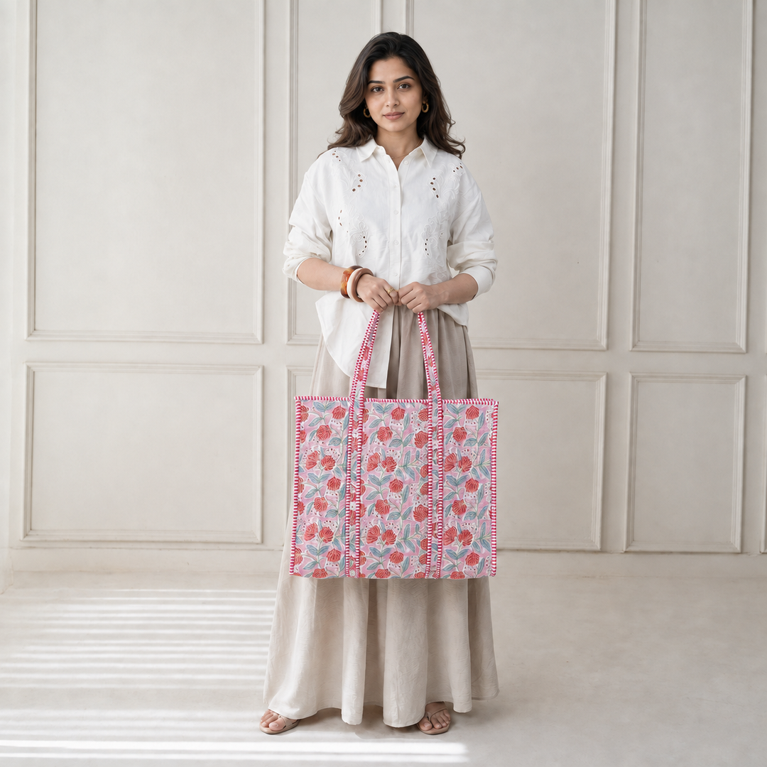 Quilted Hand-Block Printed Tote Bag — Pink Red Floral- 104