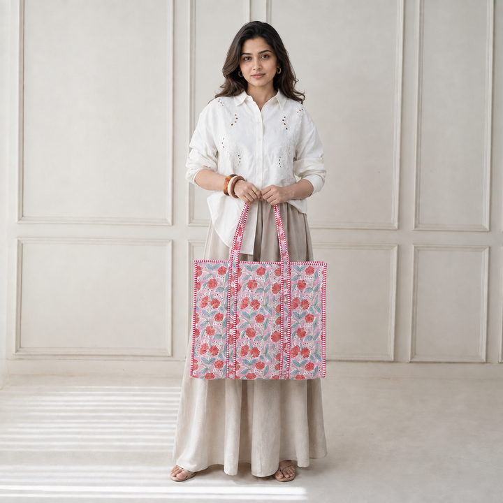 Quilted Hand-Block Printed Tote Bag — Pink Red Floral- 104