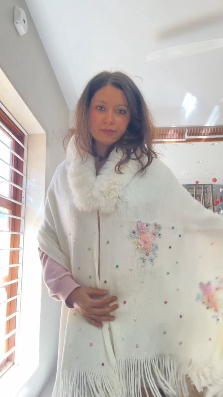 White Floral Embroidery Fur Collar Poncho - 152 (Free Size)