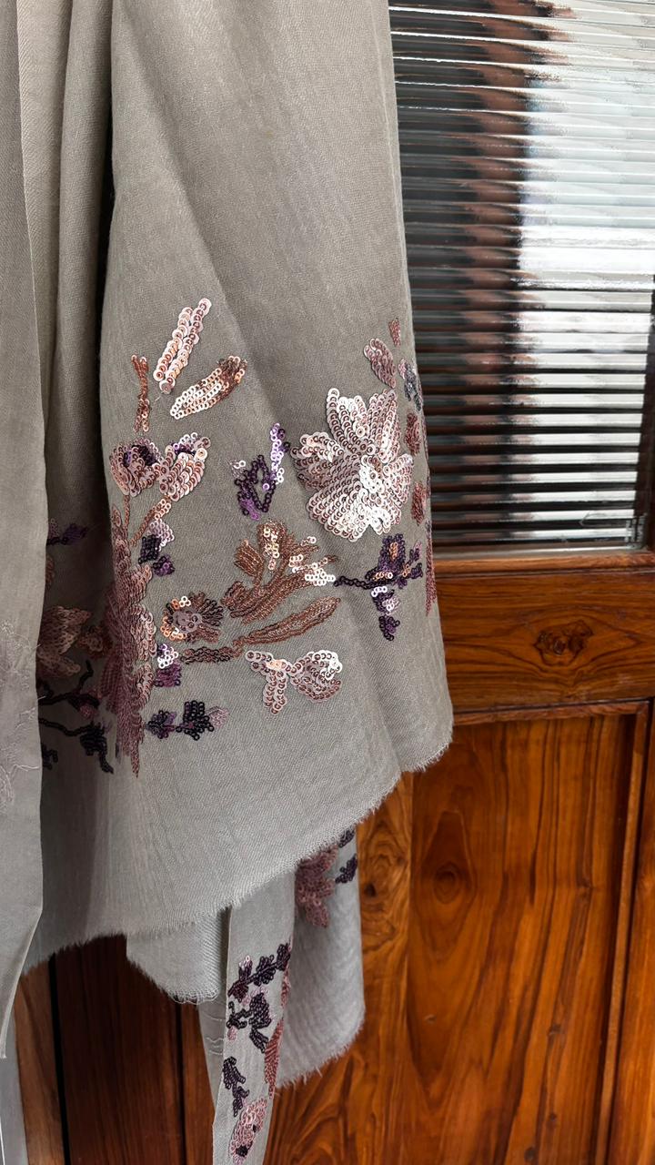Taupe Floral Sequins Fine Wool Stole - 414