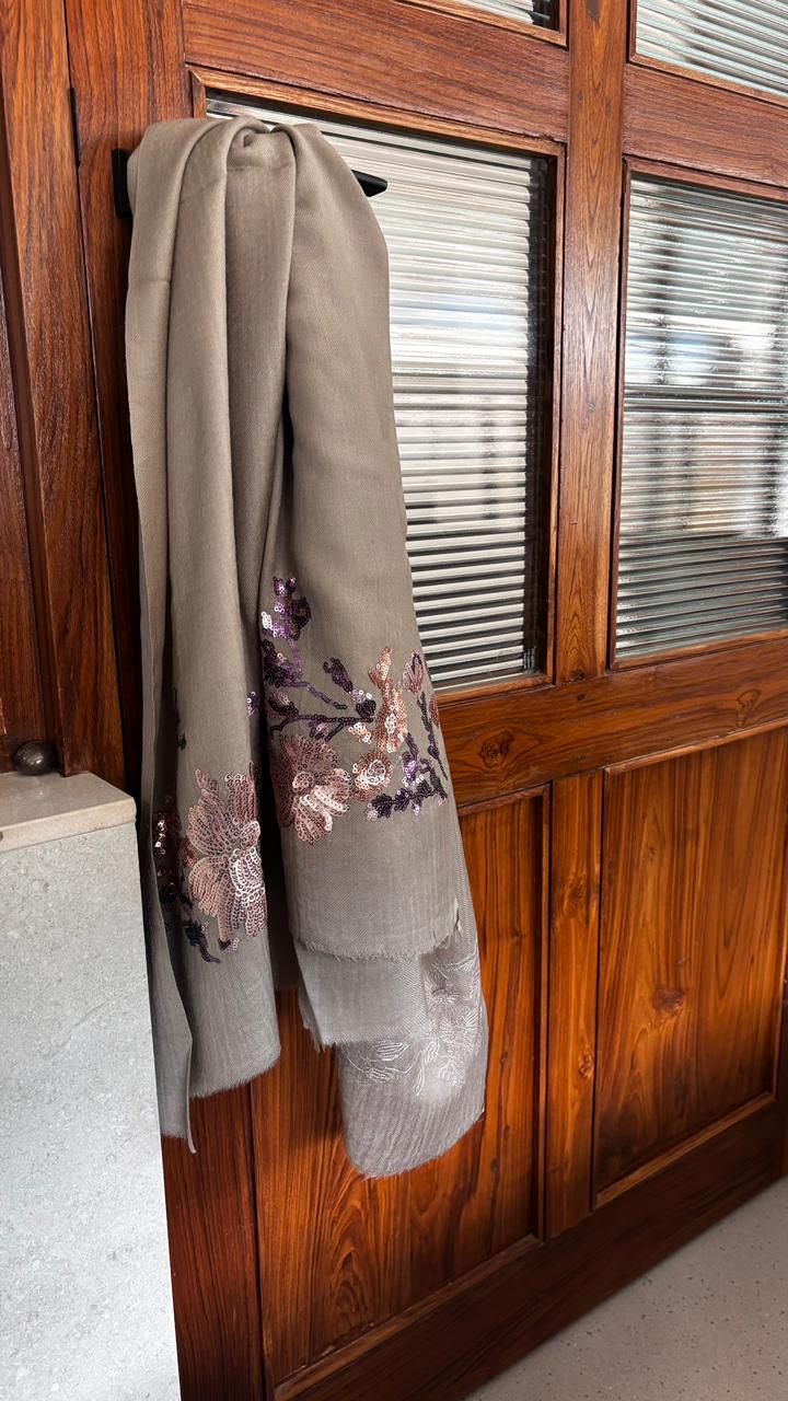 Taupe Floral Sequins Fine Wool Stole - 414
