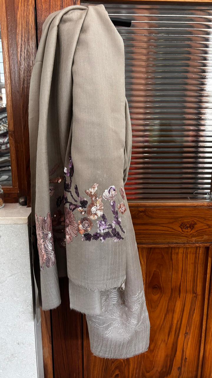 Taupe Floral Sequins Fine Wool Stole - 414