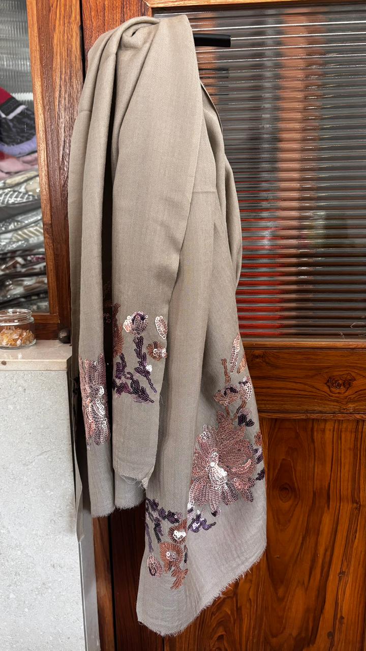 Taupe Floral Sequins Fine Wool Stole - 414