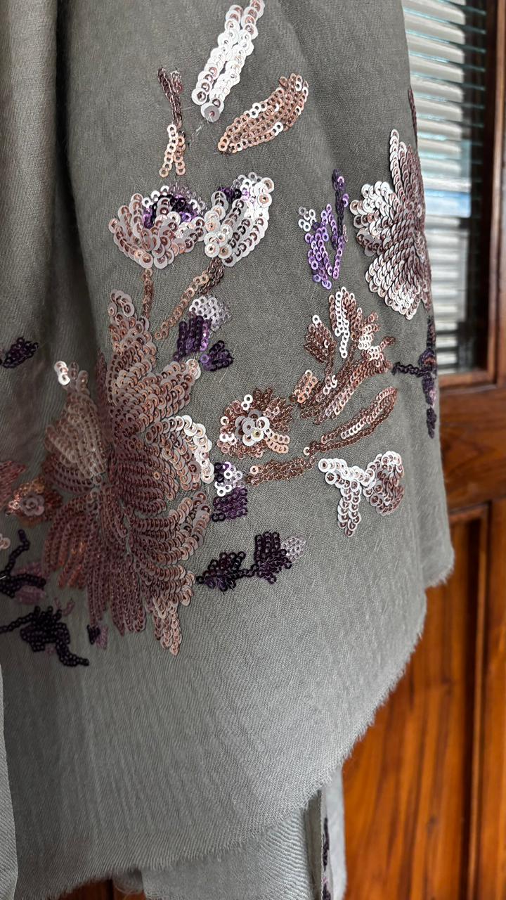 Taupe Floral Sequins Fine Wool Stole - 414