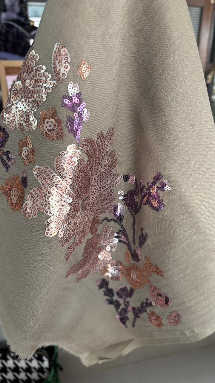 Taupe Floral Sequins Fine Wool Stole - 414