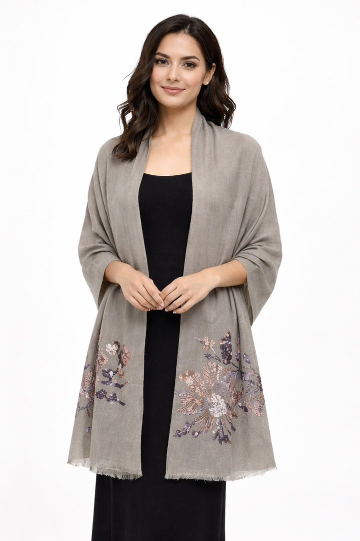 Taupe Floral Sequins Fine Wool Stole - 414