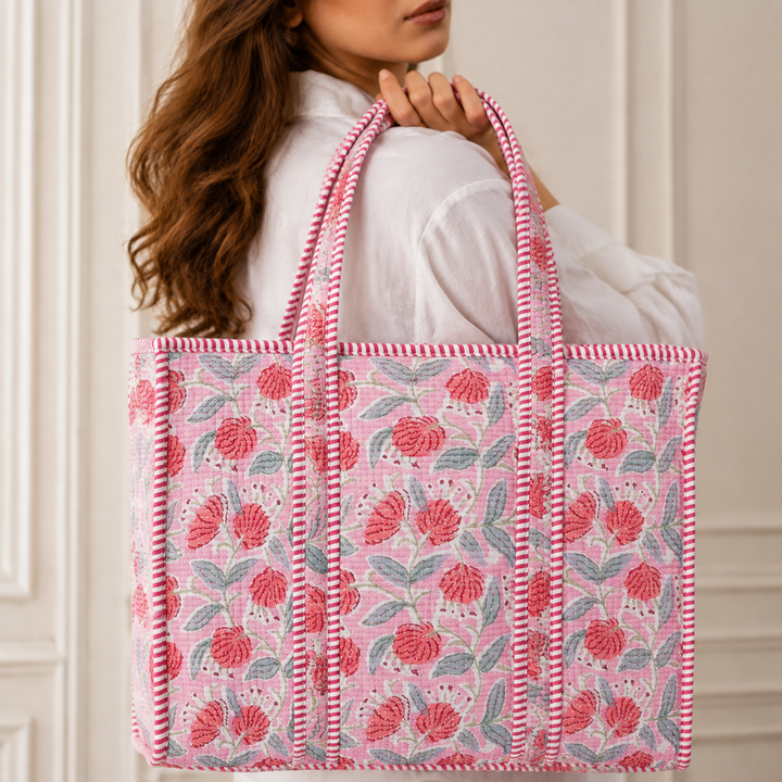 Quilted Hand-Block Printed Tote Bag — Pink Red Floral- 104