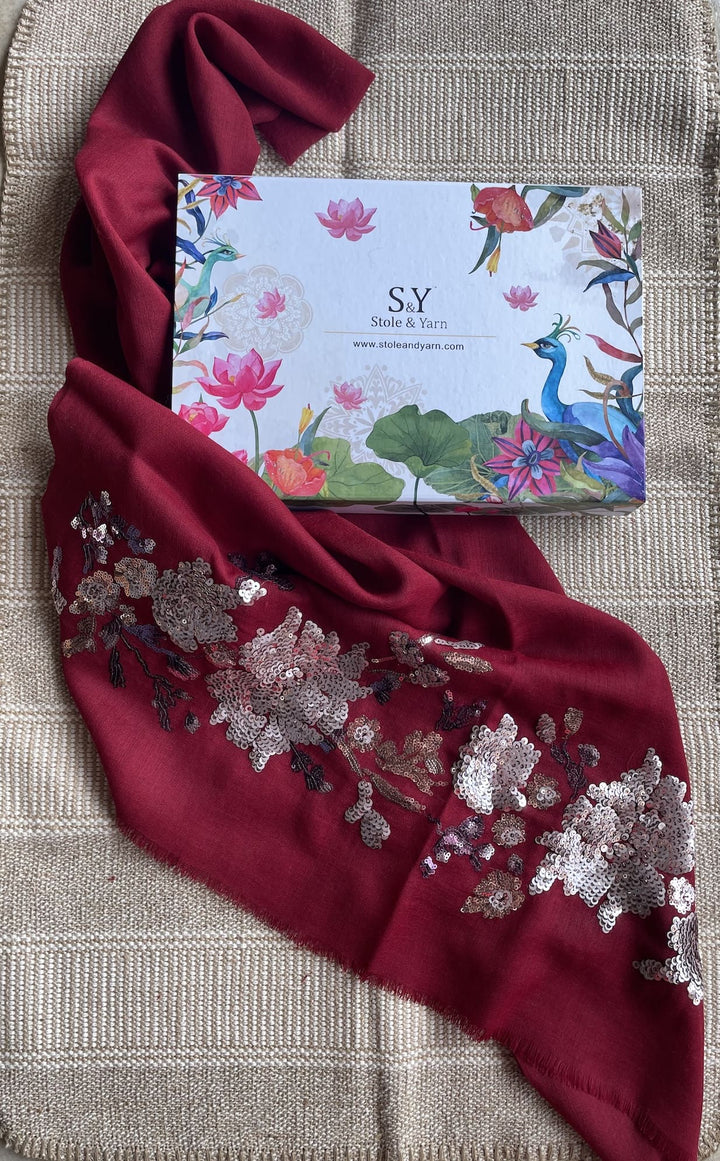Red Floral Sequins Fine Wool Stole - 415