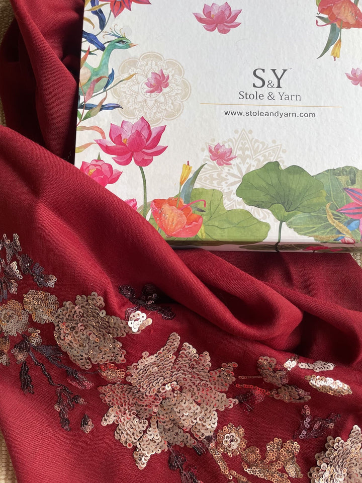 Red Floral Sequins Fine Wool Stole - 415