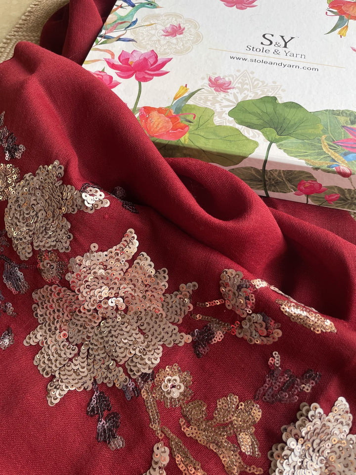 Red Floral Sequins Fine Wool Stole - 415