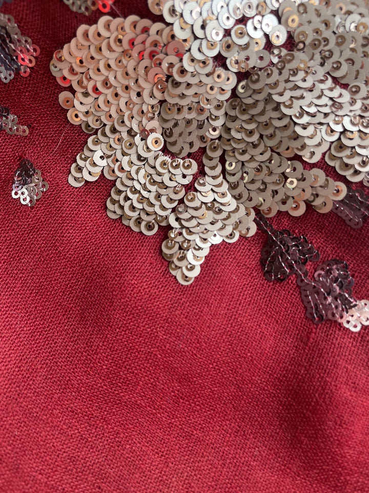 Red Floral Sequins Fine Wool Stole - 415