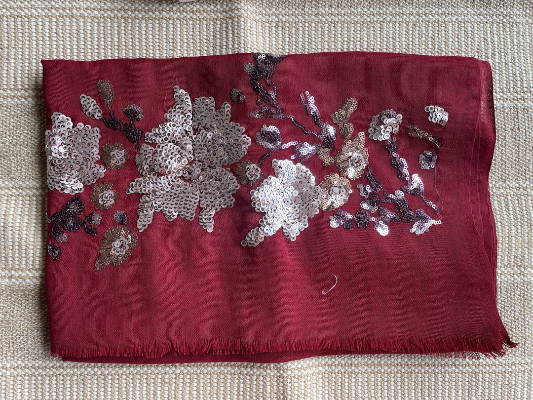 Red Floral Sequins Fine Wool Stole - 415