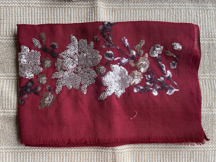 Red Floral Sequins Fine Wool Stole - 415