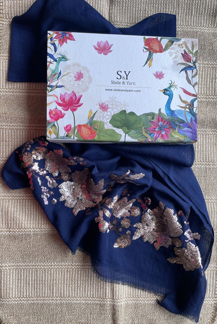 Navy Blue Floral Sequins Fine Wool Stole - 416