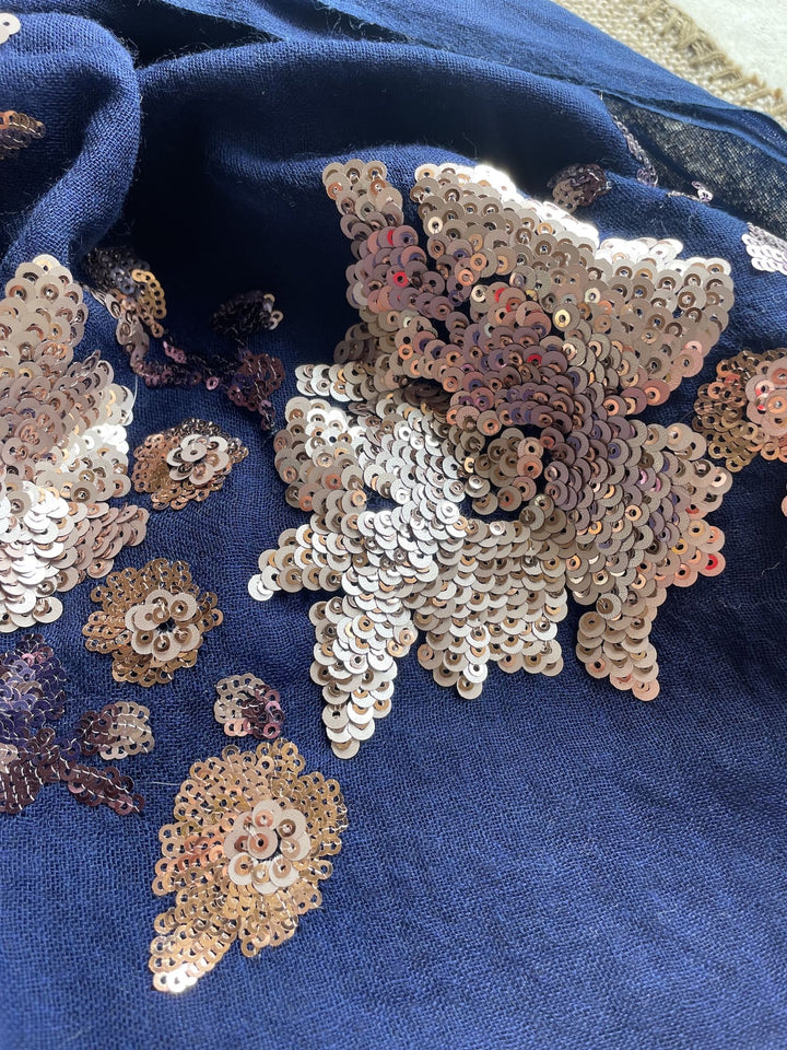 Navy Blue Floral Sequins Fine Wool Stole - 416