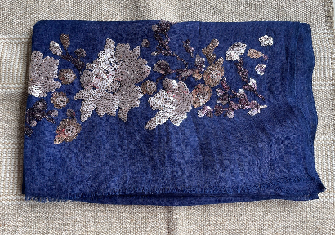 Navy Blue Floral Sequins Fine Wool Stole - 416