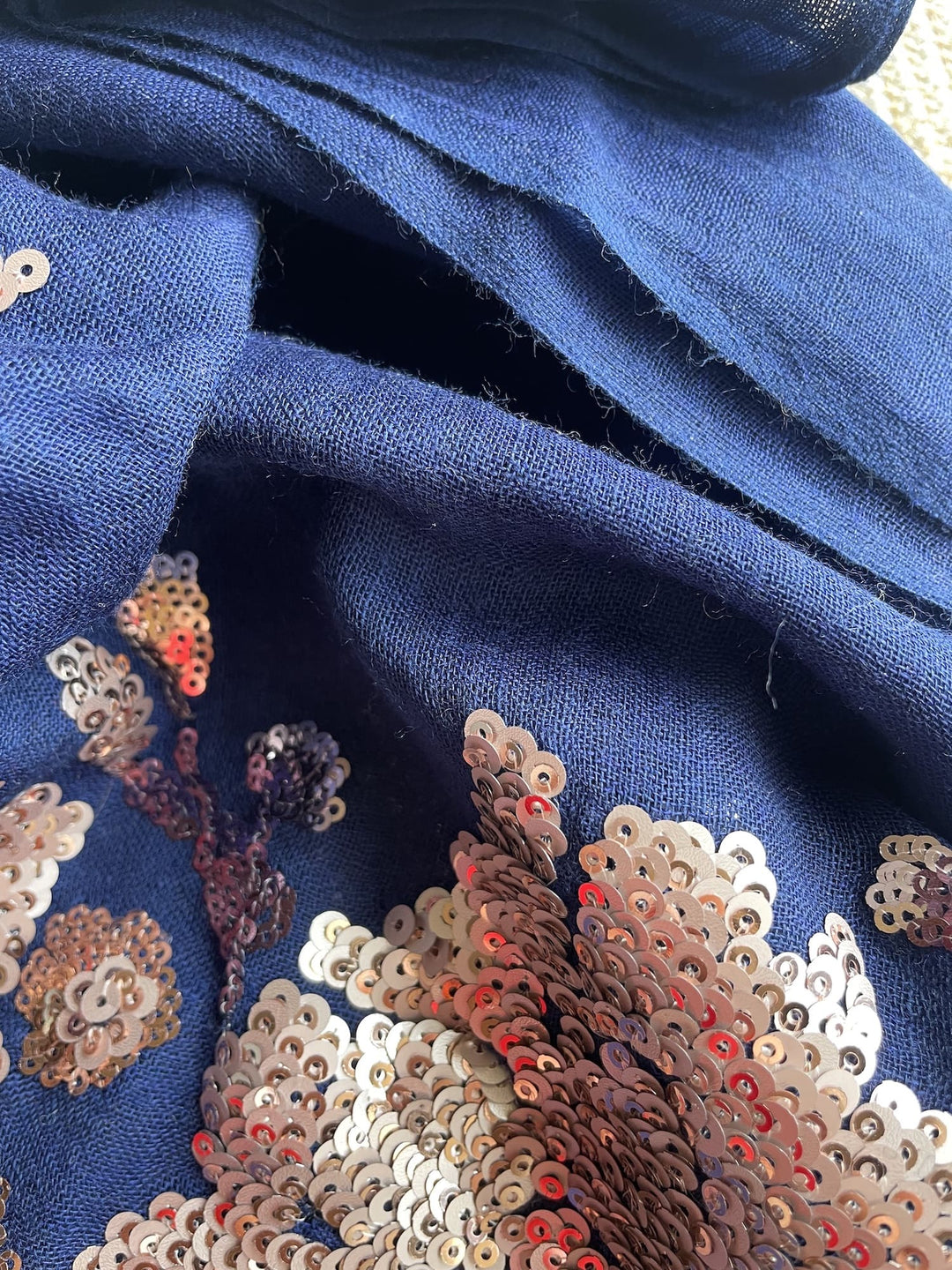 Navy Blue Floral Sequins Fine Wool Stole - 416
