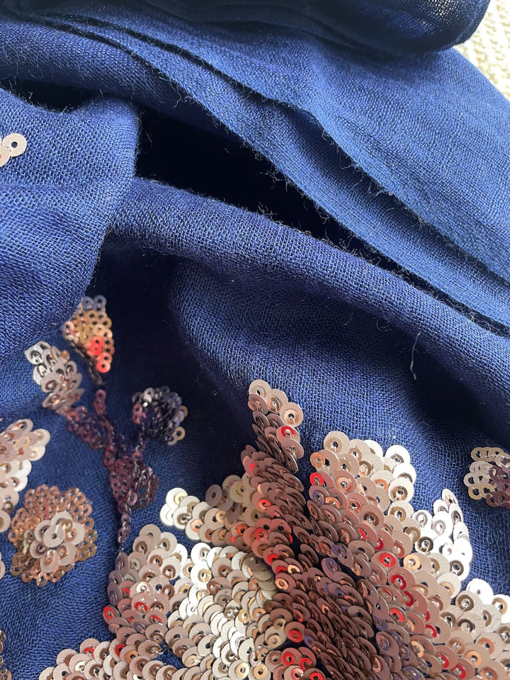 Navy Blue Floral Sequins Fine Wool Stole - 416