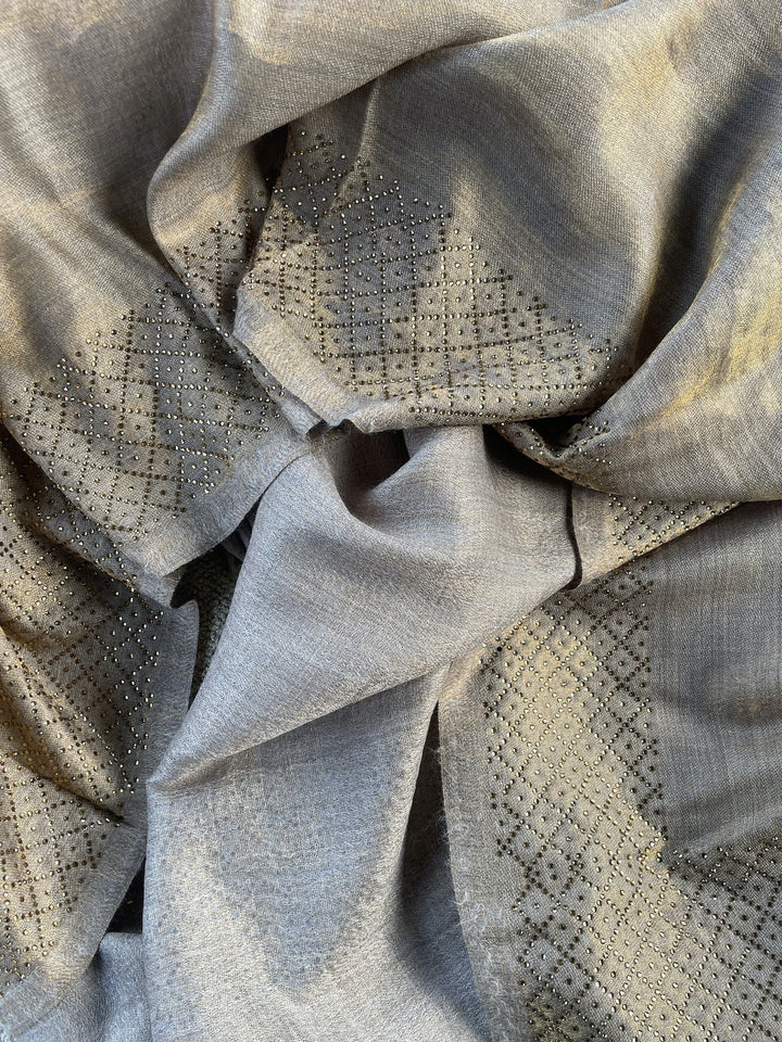 Reversible Zari Crystal Criss-Cross Border Fine Wool Stole - 140