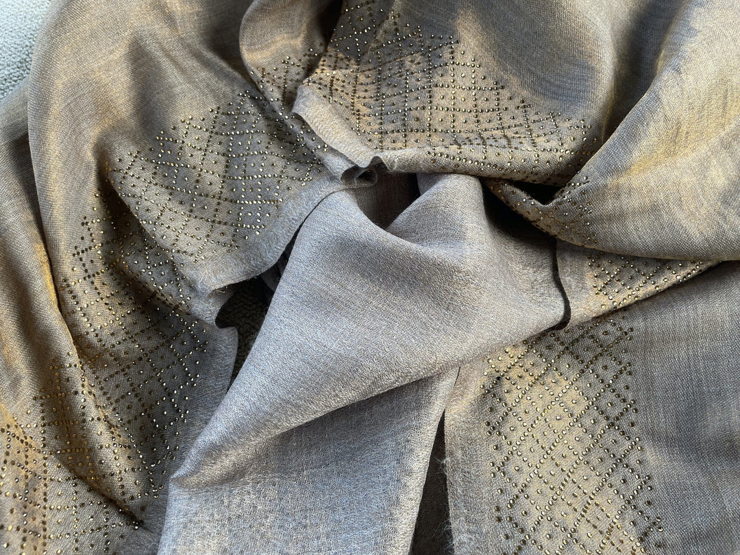 Reversible Zari Crystal Criss-Cross Border Fine Wool Stole - 140