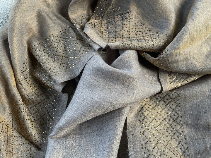 Reversible Zari Crystal Criss-Cross Border Fine Wool Stole - 140