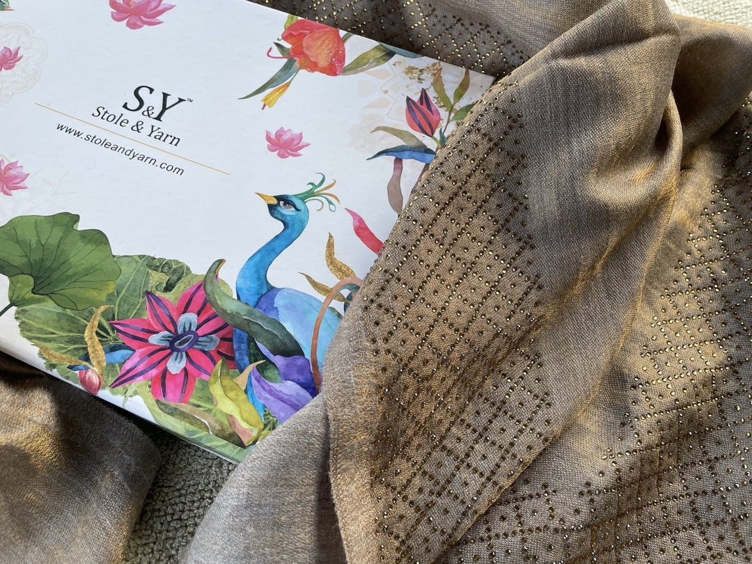 Reversible Zari Crystal Criss-Cross Border Fine Wool Stole - 140