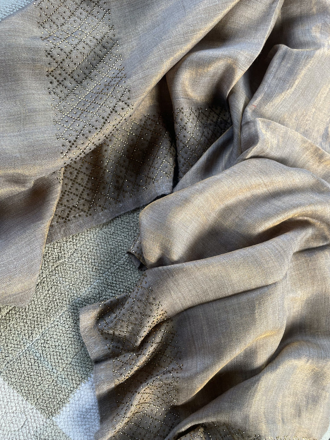Reversible Zari Crystal Criss-Cross Border Fine Wool Stole - 140
